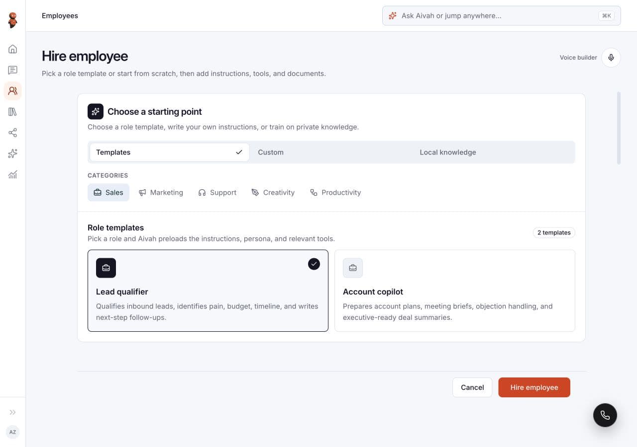 Aivah screen for choosing an AI employee role template