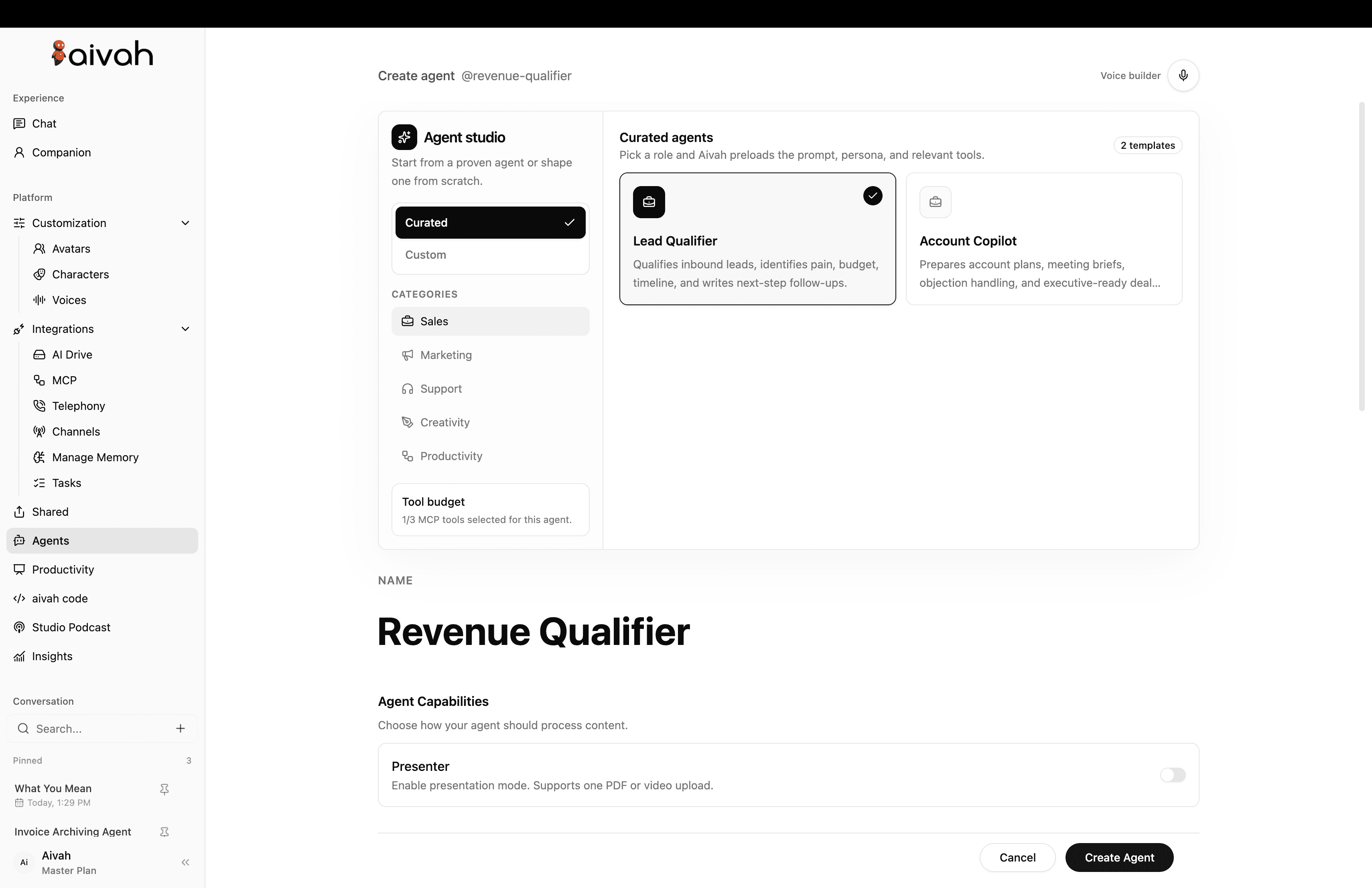 Aivah Agent Studio with role instructions, connected tools, and knowledge
