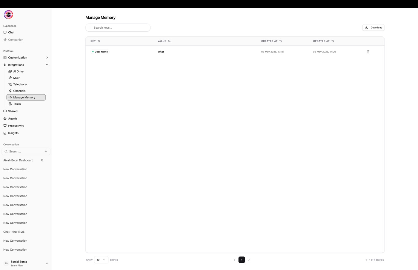 Manage Memory page