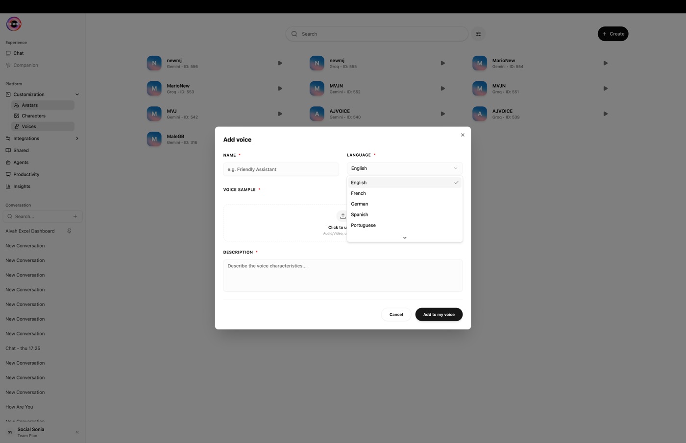 Voice clone language picker