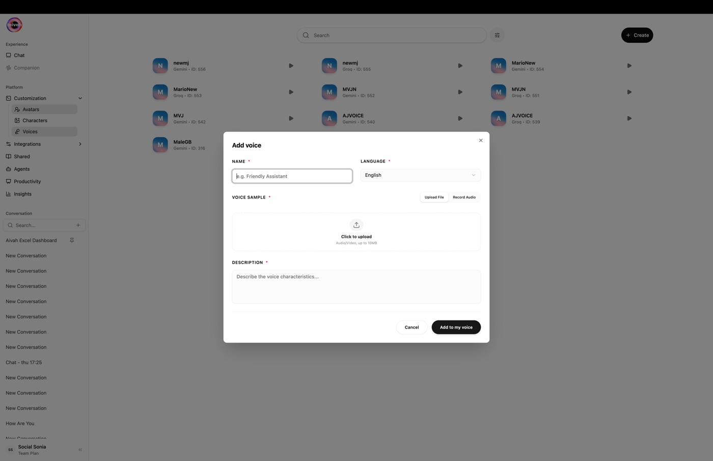 Add voice modal